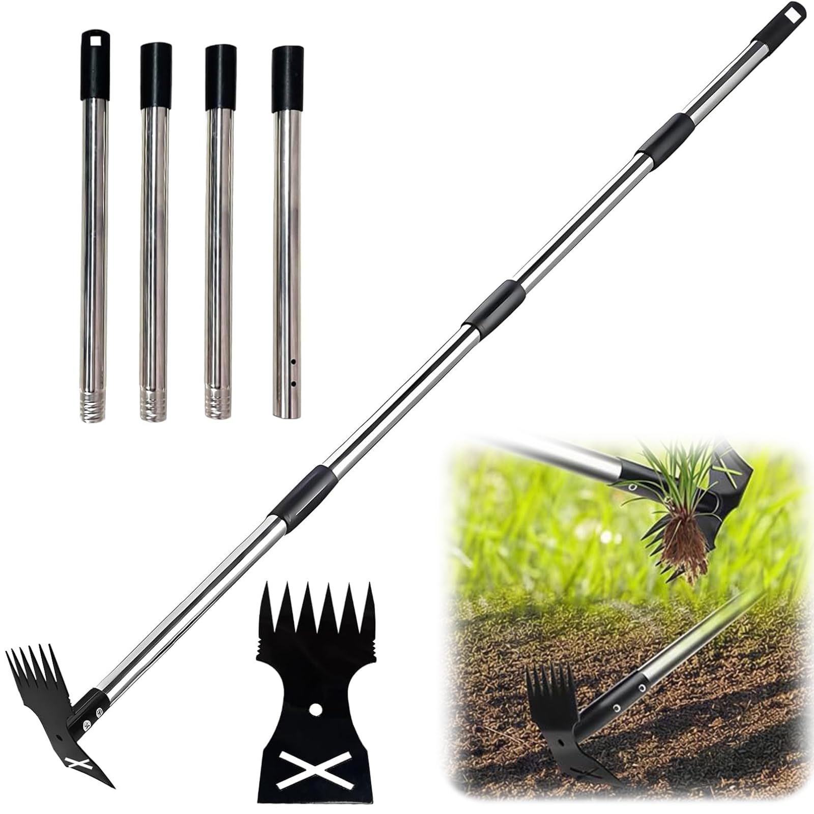 Weed Puller Tool with Long Handle, 2 in 1 Gardening Hand Tools, Weed Remover Weeding Tool, Weeder Rake and Garden Hoe Combo, Manual Weeding Puller Tool for Garden Yard Patio Lawn (58IN)