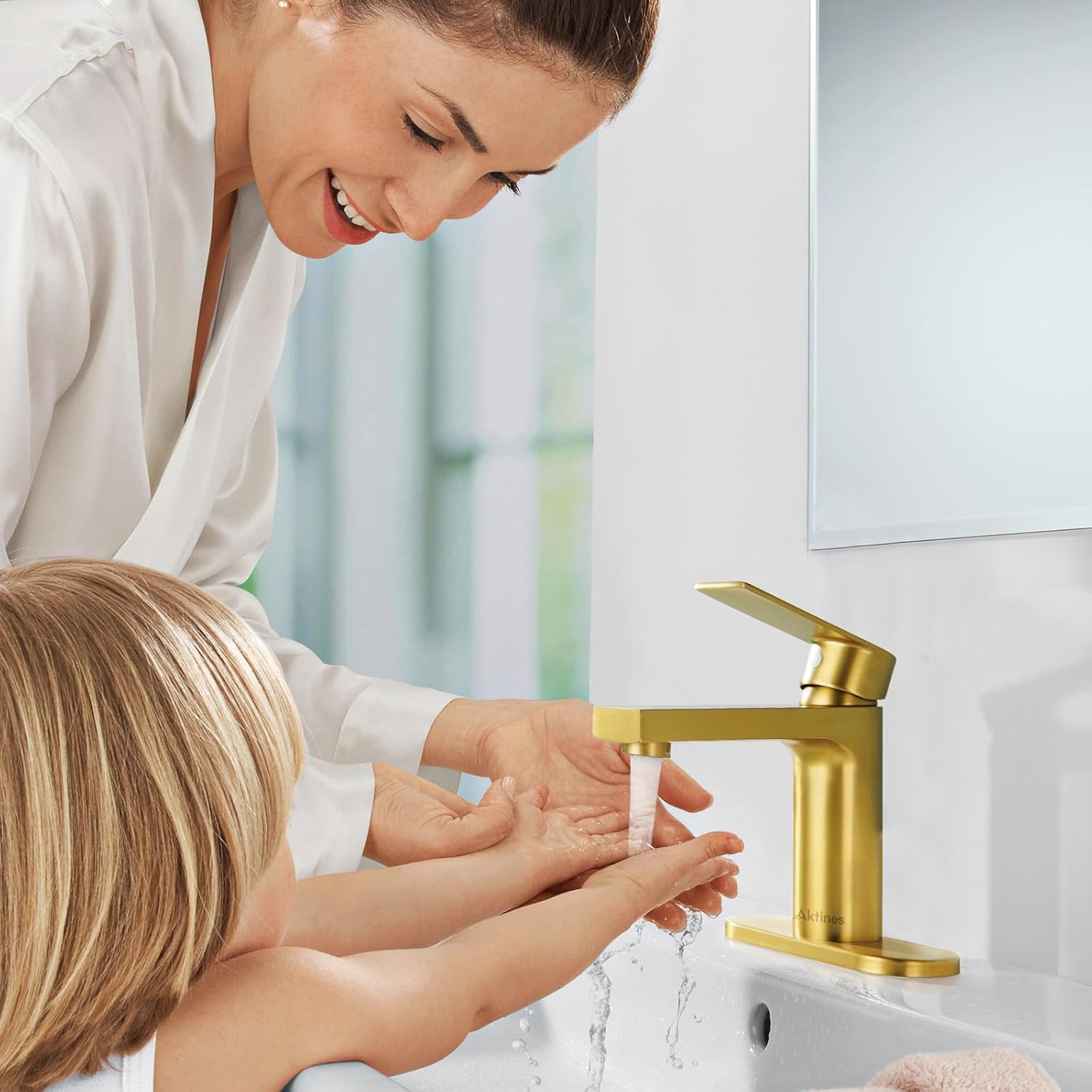 Aktines Gold Bathroom Faucet 1 Hole, Single Handle Bathroom Vanity Sink Faucet with Deck Plate & Metal Pop-Up Drain & Supply Lines, Gold Brushed Finish Gold Single Hole