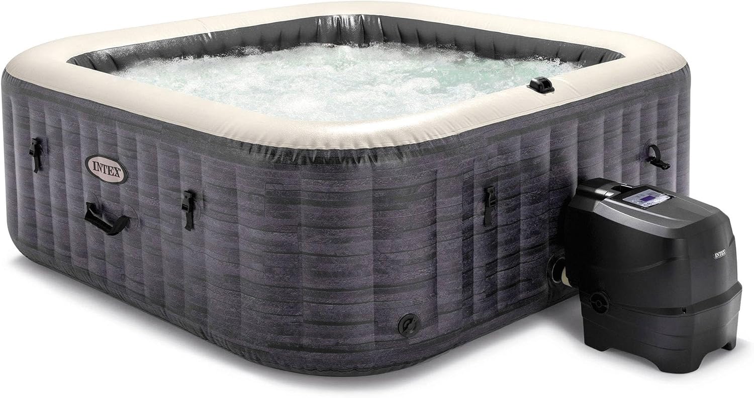 Intex Rechargeable Handheld Pool Vacuum Cleaner with 2 Brush Heads and PureSpa Plus 6 Person Inflatable Square Hot Tub with 170 AirJets, Greystone