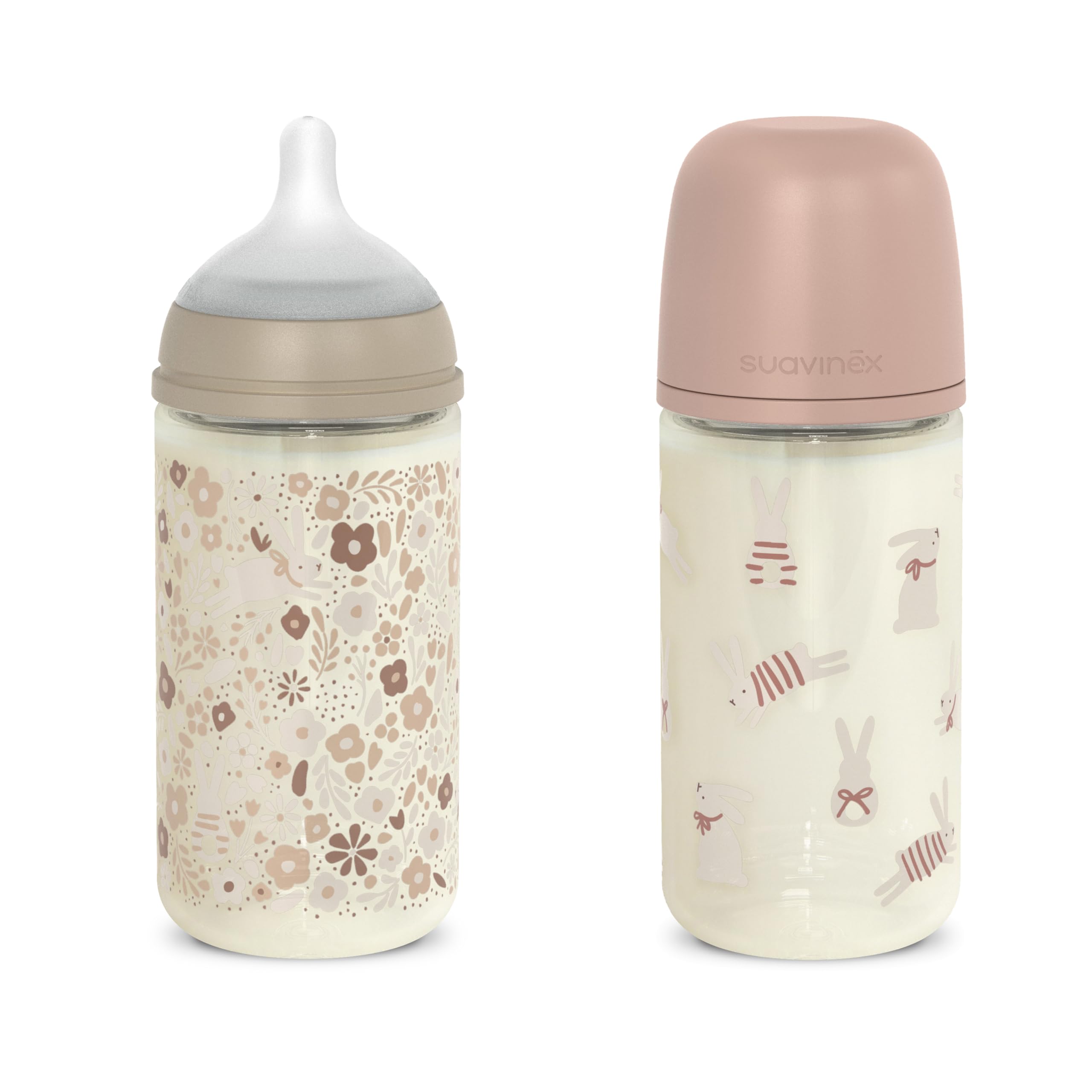 Suavinex, Confezione 2 biberon in vetro da 240 ml, con tettina SX Pro in silicone, con valvola anticoliche, flusso medio (M), per liquidi a media densità, acqua o latte, neonati +3 mesi, rosa, beige
