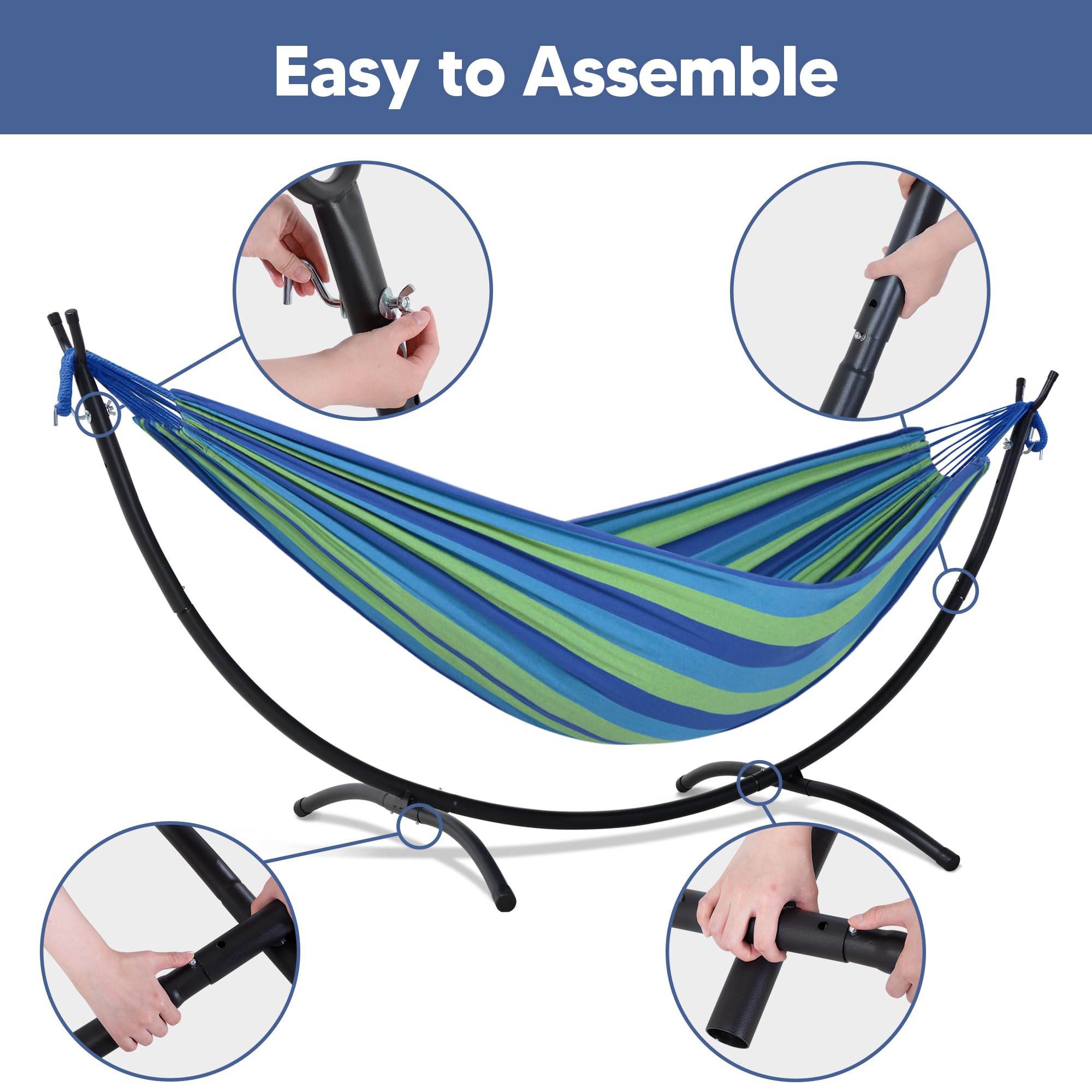 SUNCREAT Hamaca portátil para exteriores con soporte incluido, hamaca doble con soporte para exterior, rayas azules y verdes