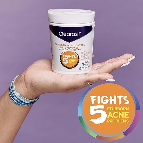 Miniatura 7 de Clearasil Stubborn - Almohadillas de limpieza facial diaria 5 en 1, con ácido salicílico para el tratamiento del acné, 90 unidades (paquete de 2)