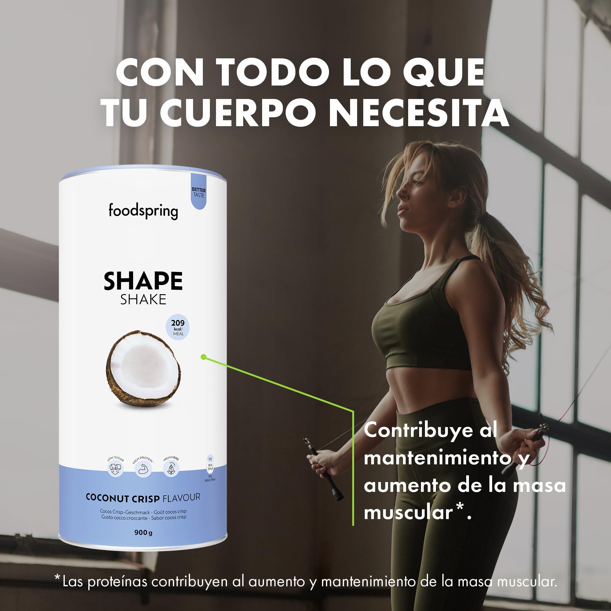 foodspring Shape Shake Cocos Crisp - batido completo, sustitutivo de comida con proteína premium para controlar el peso, 209 kcal por ración, sin gluten - 900g