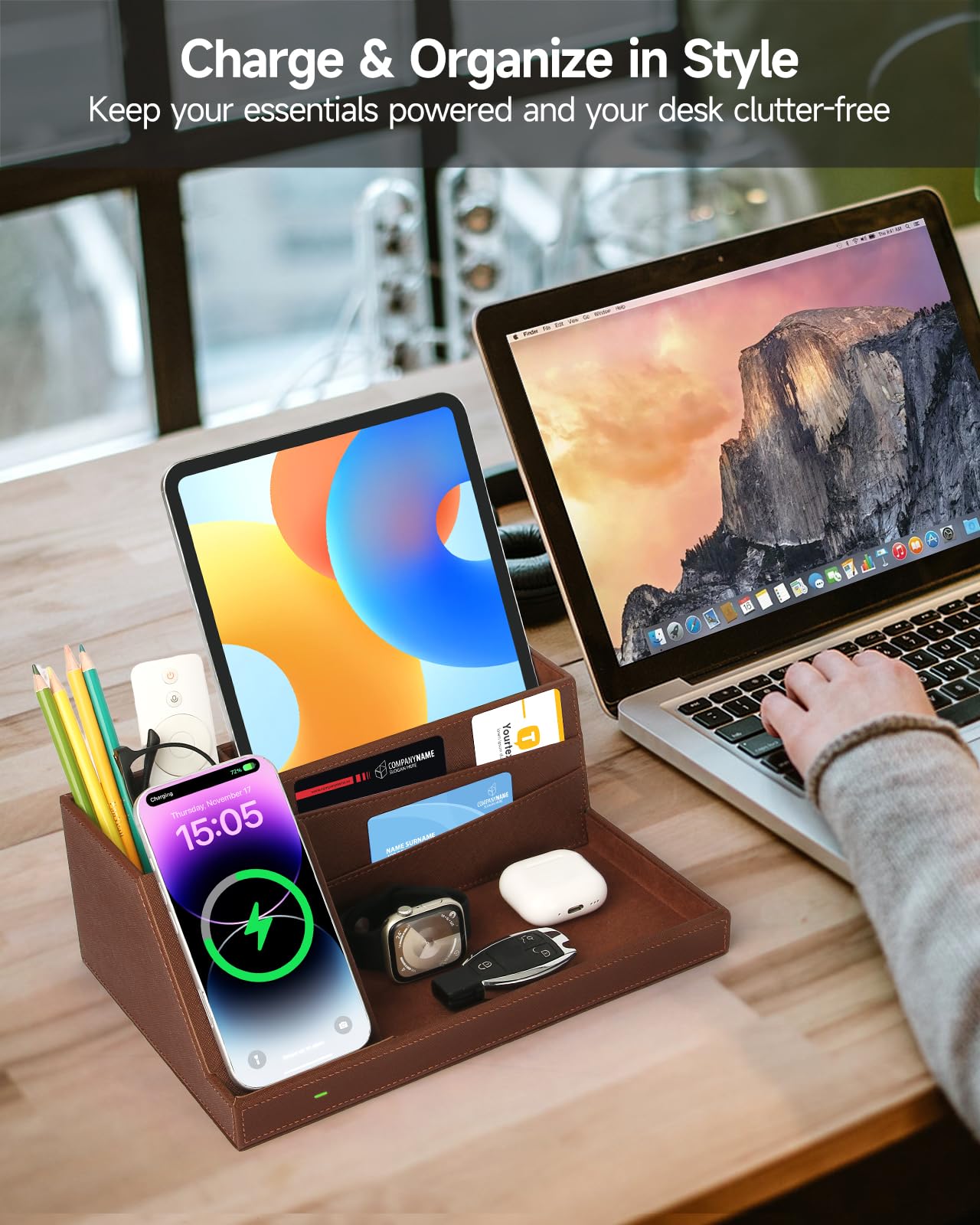 Stazione di ricarica wireless veloce con organizer da scrivania per iPhone 17/16/15/15 Pro/14/14 Pro Max/14 Pro/14 Plus/13/13 Pro Max/13 Pro/e iPhone 12/11 Series, organizer da scrivania per comodino