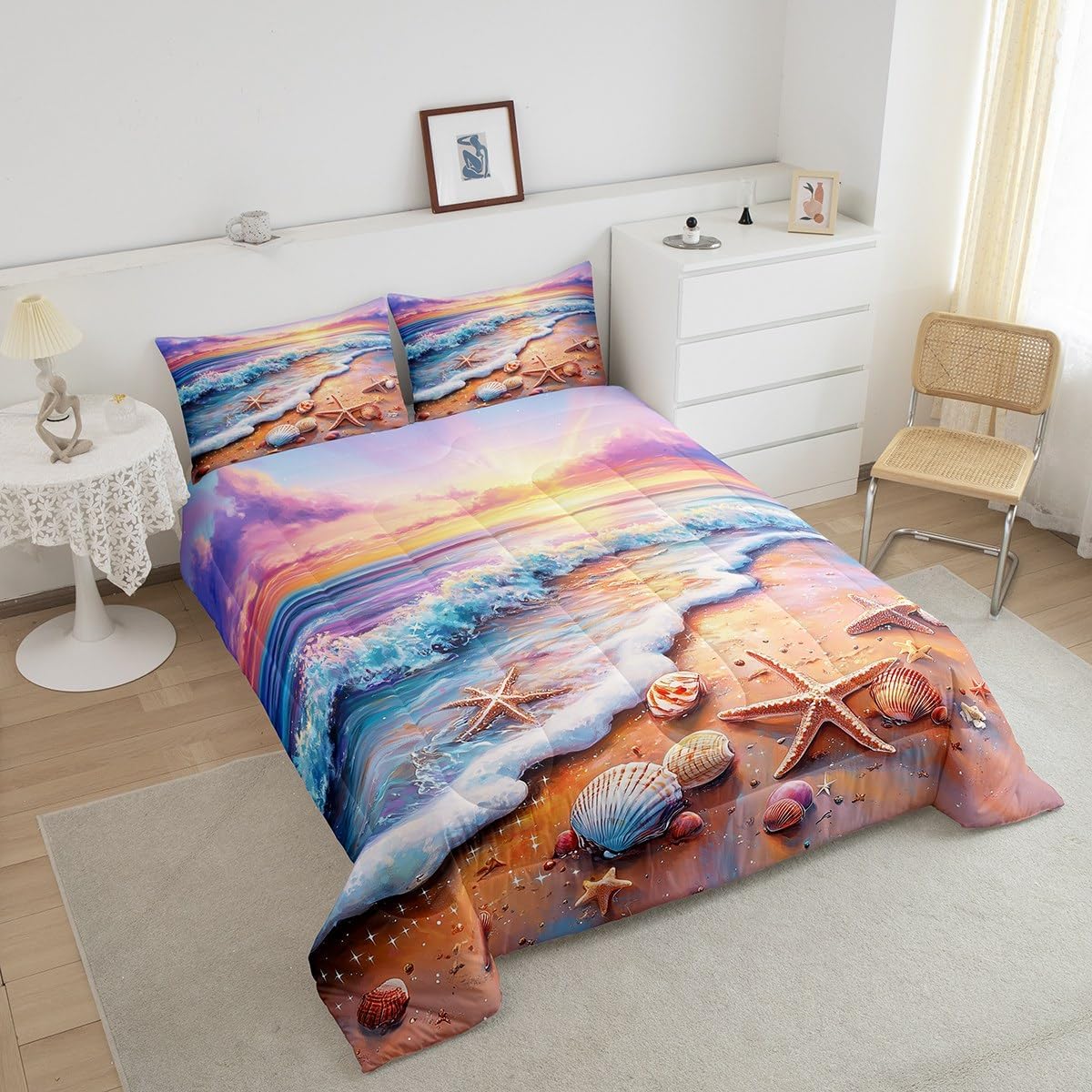 Erosebridal Beach Bedding Set King Size for Kids Teens Adults Colorful Shell Starfish Print Comforter Set Ocean Theme Comforter Coastal Sunset Home Room Decor Soft Waves Quvet Quilt