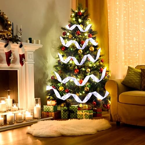 Miniatura 9 de Cinta dorada para árbol de Navidad, cinta de Navidad con cable, decoración de 32 pies (2 x 16 pies), cinta de Navidad transparente con alambre para