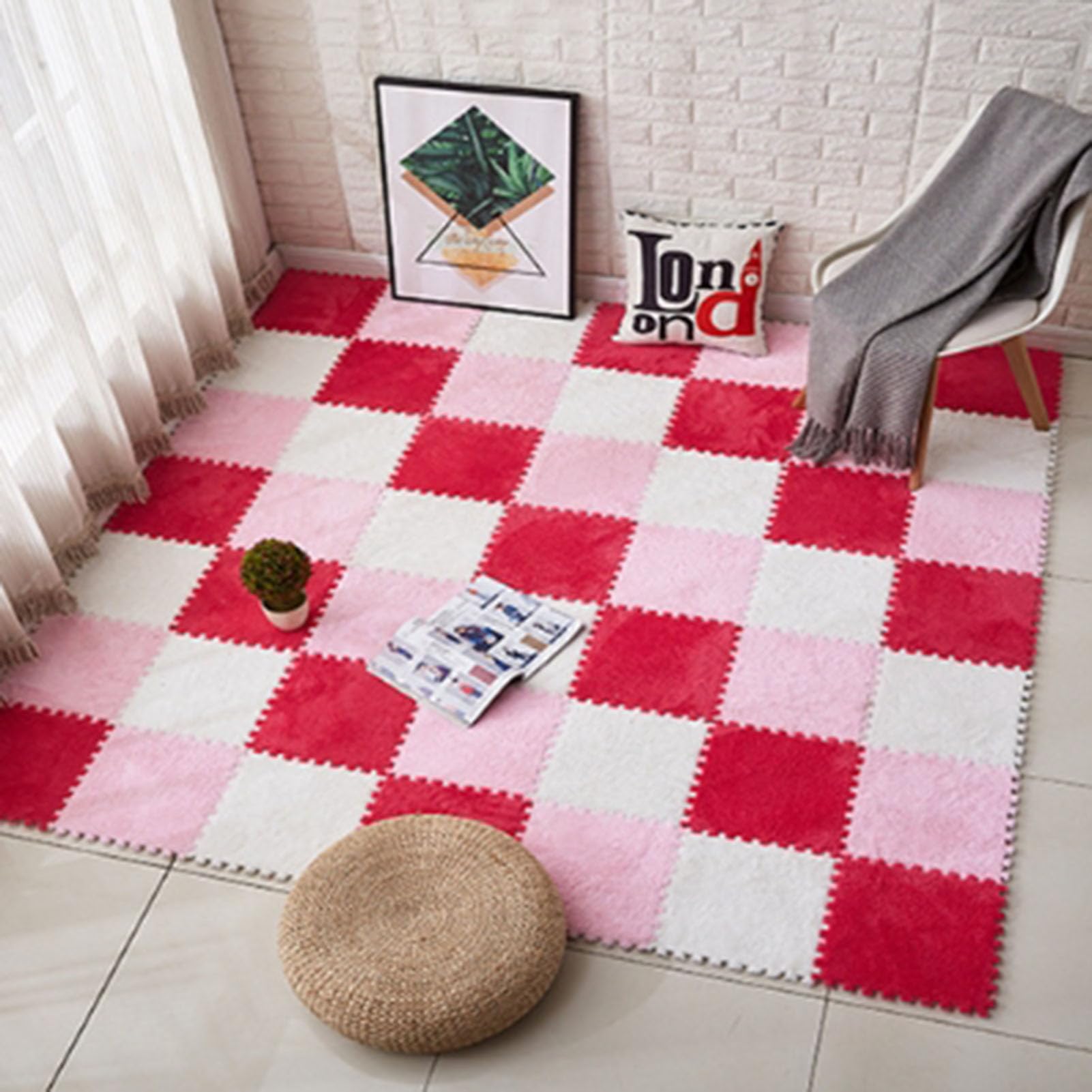 Plush Foam Interlocking Square Puzzle Play Mat Pack Of 9 Multicolor 30x30x1cm(White+pink+rose Red)