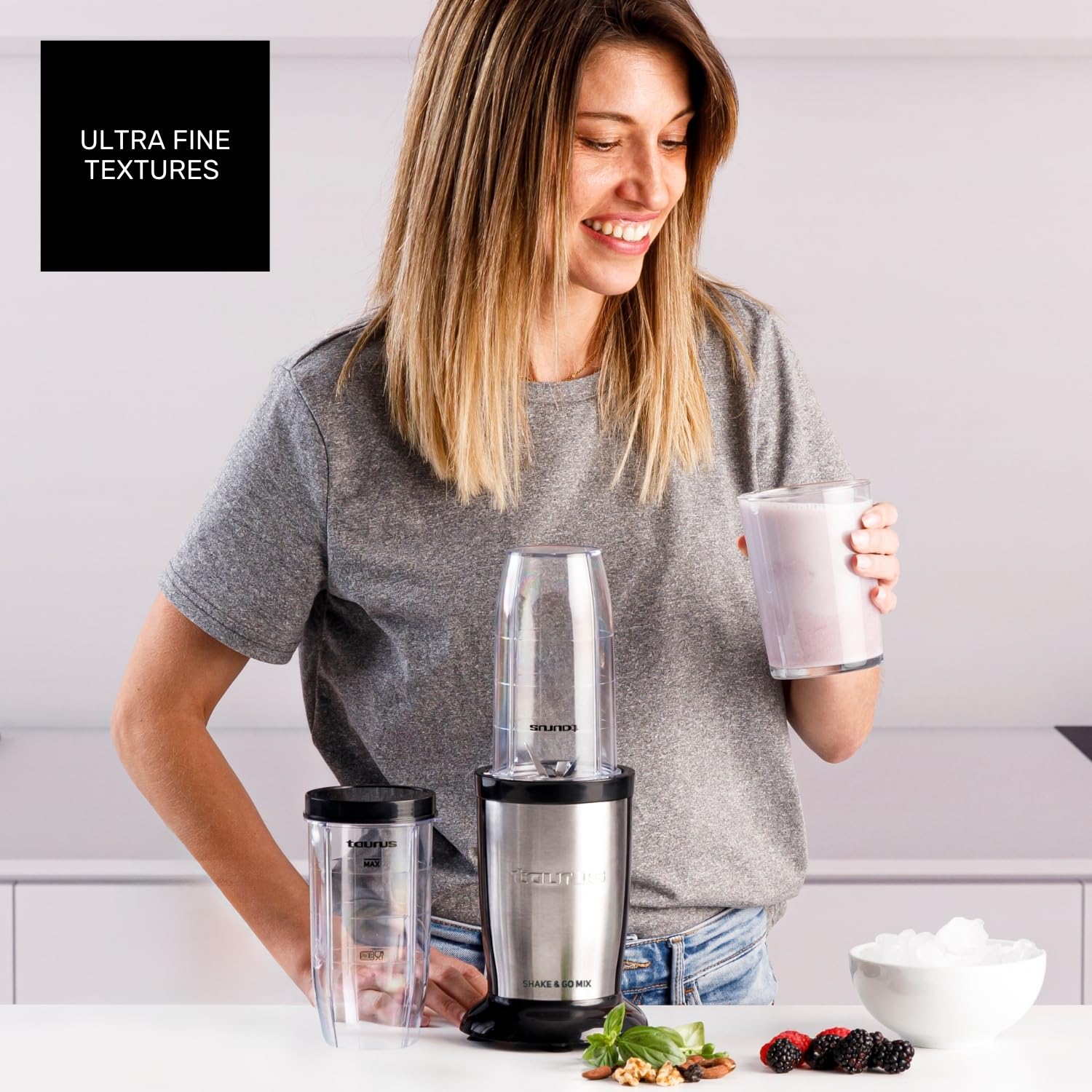 Taurus Shake & Go Mix – Mini batidora portátil de 1000W con vaso de 500 ml portatil | 6 cuchillas de acero inoxidable | Tritura hielo y fruta congelada | Pulse Technology | Incluye tapas