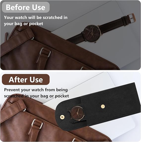 Bekecidi 2PCS Watch Pouch, Portable Flannelette Watch Storage Bag Single Watch Travel Case Travel Watch Pouch with Snap Button for Men and Women (Black)