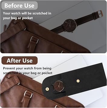 Bekecidi 2PCS Watch Pouch, Portable Flannelette Watch Storage Bag Single Watch Travel Case Travel Watch Pouch with Snap Button for Men and Women (Black)