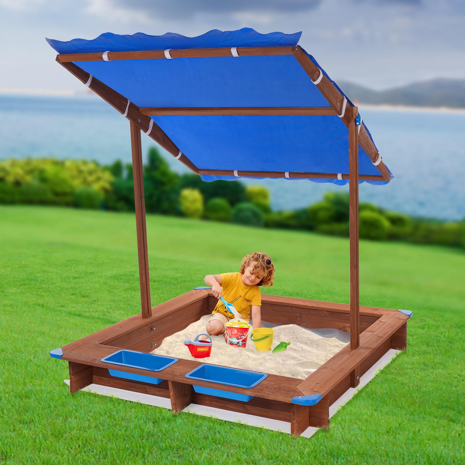 Sandkasten mit Dach 126x121x118cm - Sandkiste Holzsandkasten mit Abdeckung - Kindersandkasten, Sandkästen für den Garten