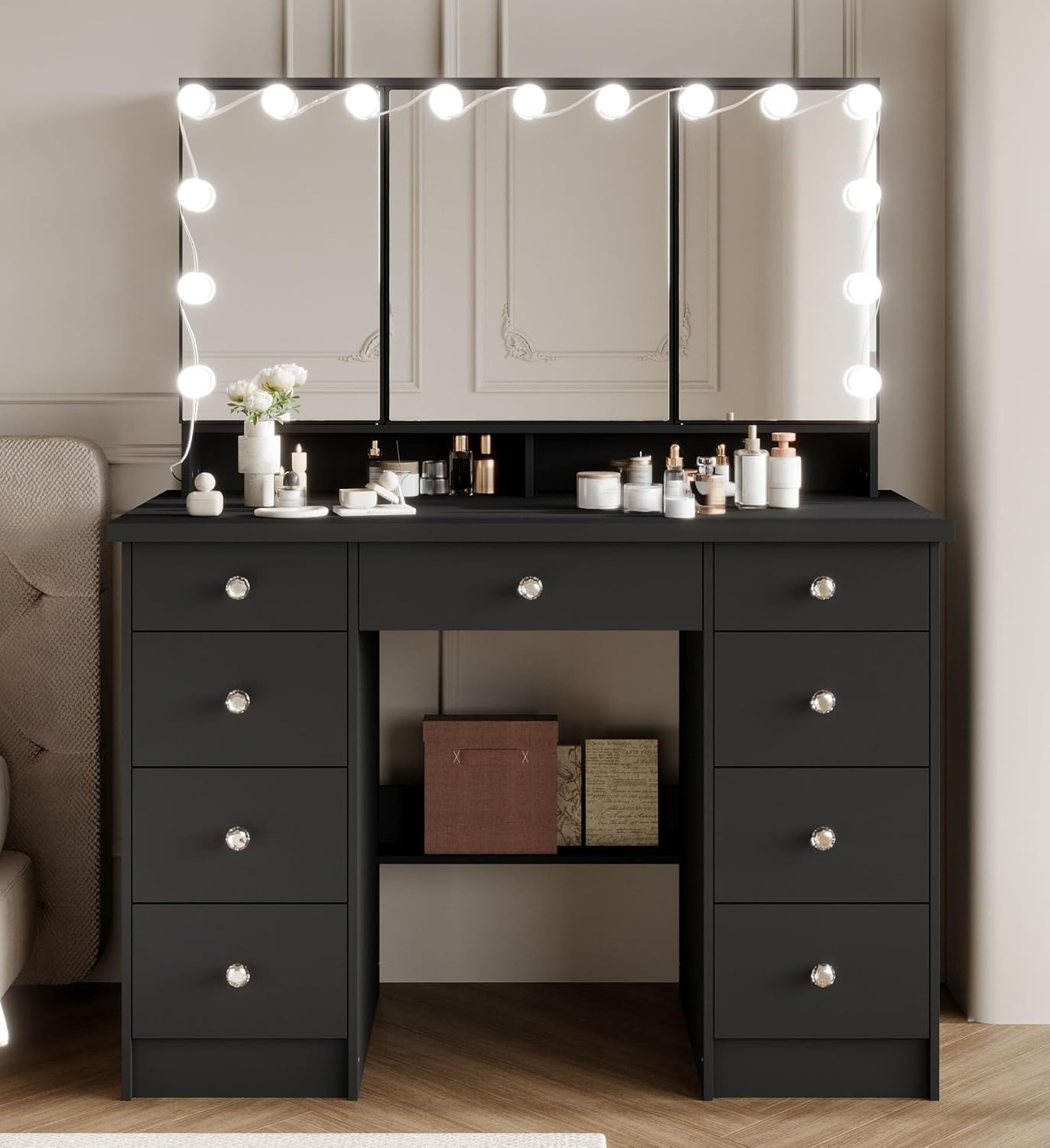 Timechee Vanity Mirror with Lights, Makeup Corner Vanity Desk with 9 Storage Drawers, 4 Large Shelves, 3 Color Lighting Options, Bulbs, Glass Tabletop for Bedroom, Restroom, Black