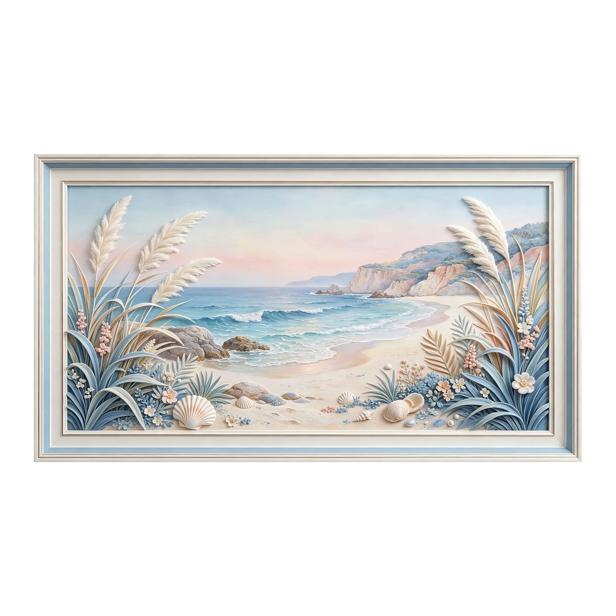 Murasolite 3D Framed Wall Art Coastal Beach Seascape Oil Painting SelfAdhesive Fabric Mural Wall Decor， Peel and Stick No Damage to Wall， AntiFall Safe Design for Bedroom Living Room