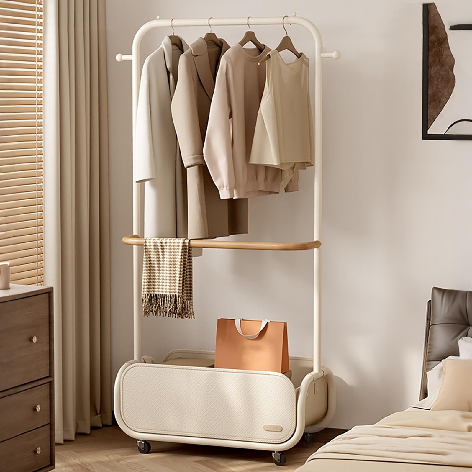 BHGFYXBS Rolling Clothes Rack With Storage Basket, Heavy Duty Garment Rack With Wheels, Freestanding Clothing Rack With Hanging Rod, Portable Coat Rack For Bedroom, Closet, Entryw,White-60cm/23.6in