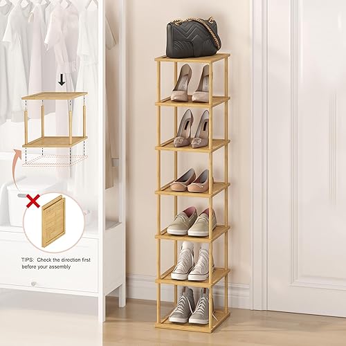 Miniatura 5 de Estante de bambú para zapatos, apilable, de madera, de varios niveles, organizador de zapatos apilable para armario, puerta delantera, entrada,