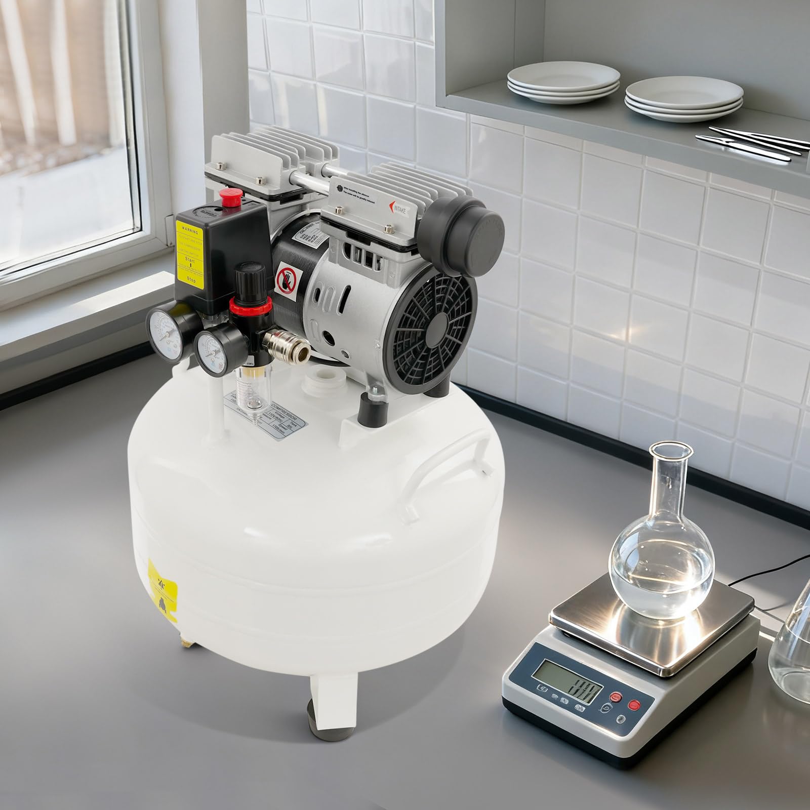 Flüsterkompressor 65dB leise ölfrei Druckluft Kompressor 8 Bar 30L Kessel mit Druckminderer & Wasserabscheider, für Hausreparaturen, Reinigung, Lackierung, & Zahnmedizin