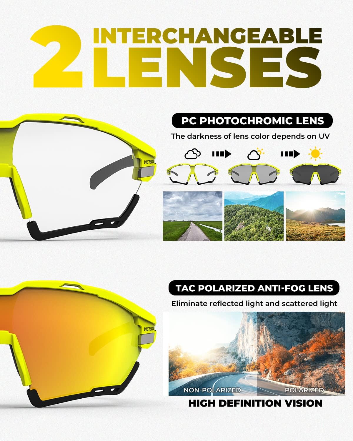 VICTGOAL Cycling Glasses for Men Women with Polarized and Photochromic 2 Lenses Clear Road Bike Running Sports Sunglasses - Image 2