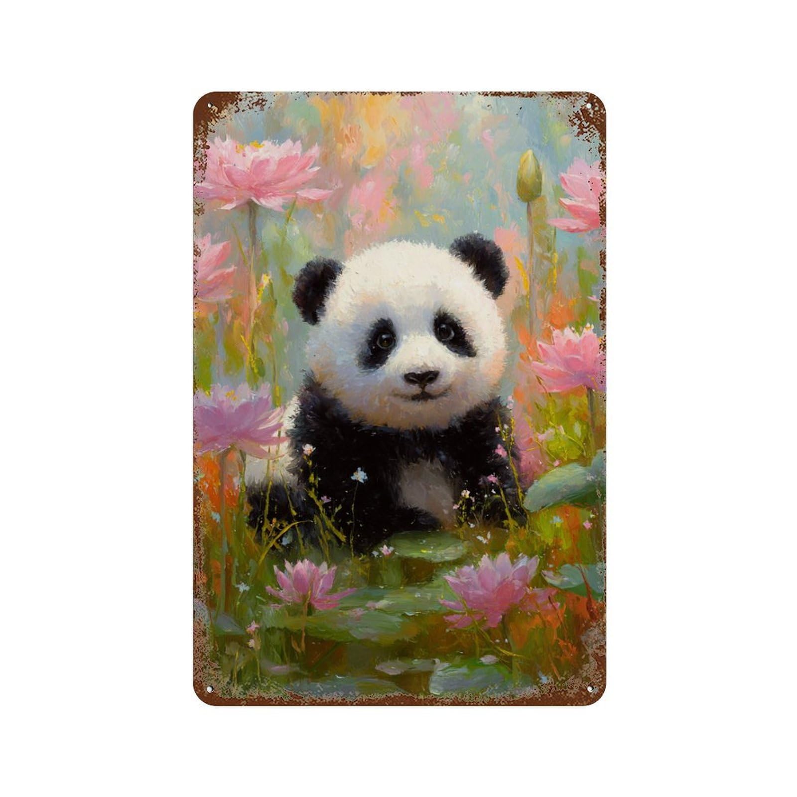 Panda in Lotus Pond Aged Metal Wall Plaque 11.8"x7.9", for Garage, Bar And Workshop Decor, Farmhouse Wall Decor