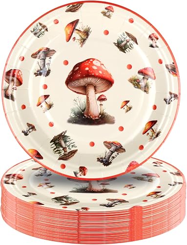 50 Pieces Disposable Paper Plates, 7 inches Red Mushroom Cake Dessert Plates for Spring Summer Forest Wild Vibrant Mushroom Theme Party Decorations (mushroom plates 7")