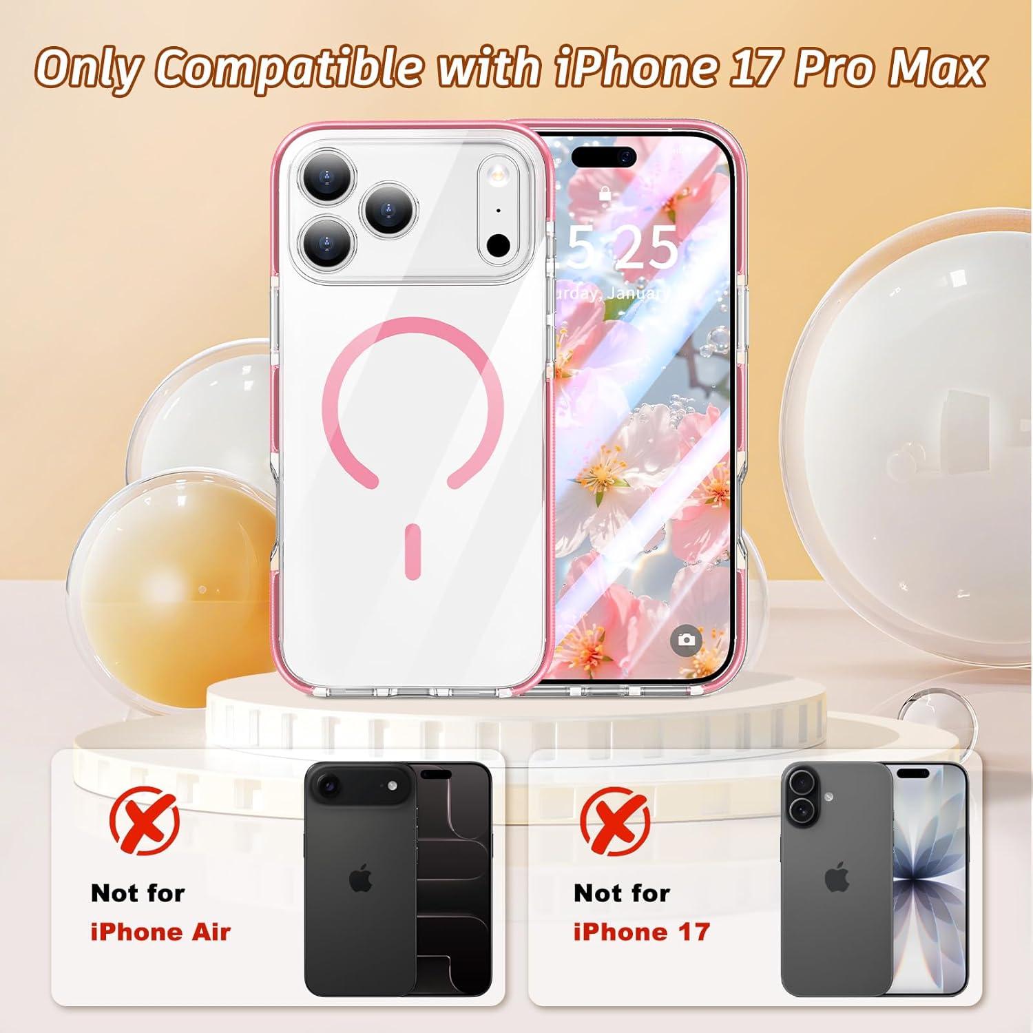 MILPROX Compatible with iPhone 17 Pro Max Case 6.9 inch - Compatible with MagSafe - Magnetic Clear Trasparent Design - Non Yellowing Anti Slip - All PC Phone Cover - with Screen Protector - Pink - Image 2