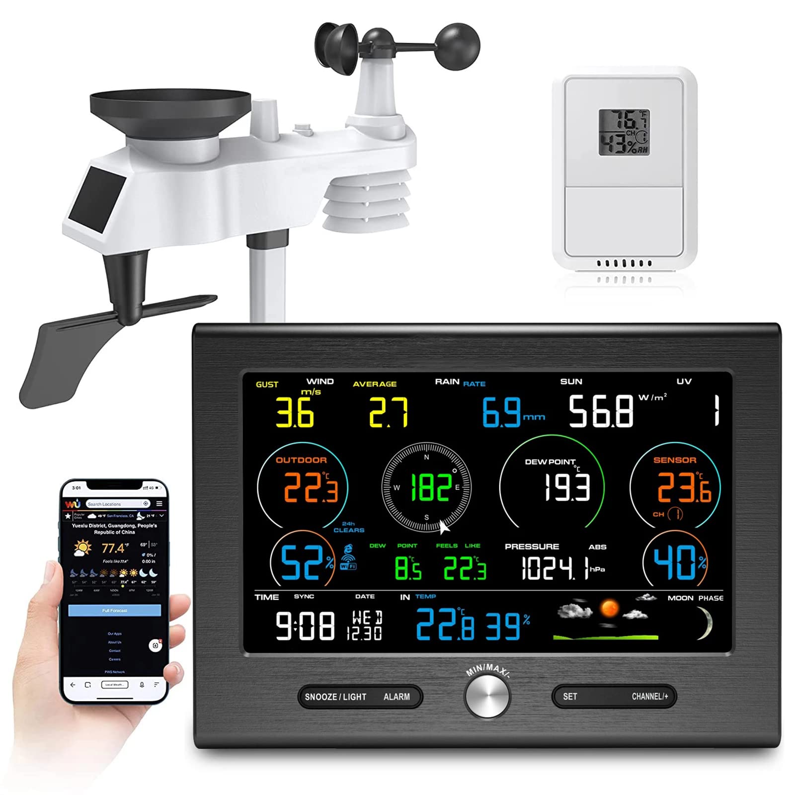 Buy 7 in 1 WiFi Weather Station with Outdoor Sensor, Wind Speed & Direction, Rainfall Data