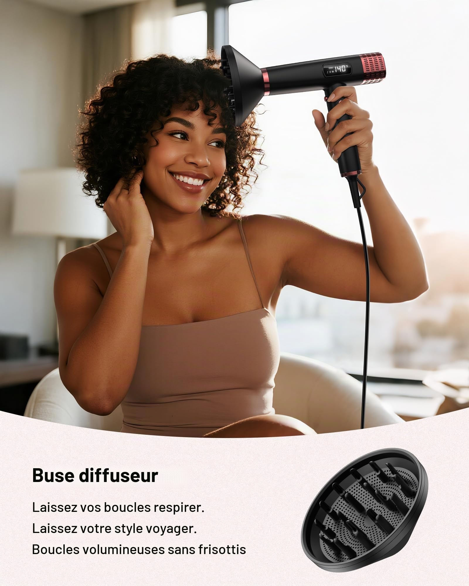 MESCOMB Sèche-Cheveux Voyage Ionique 1875W, Double Tension 110V/220V, Diffuseur et Concentrateur Inclus, Séchage Rapide, Aucun Dommage Thermique pour Tous Types de Cheveux, Famille Voyage