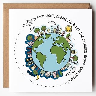 Bon Voyage Card – Adventure Awaits Travel Card – Gap Year, New Adventure, Moving Abroad, Retirement or Farewell Card – Blank Inside – With Kraft Envelope