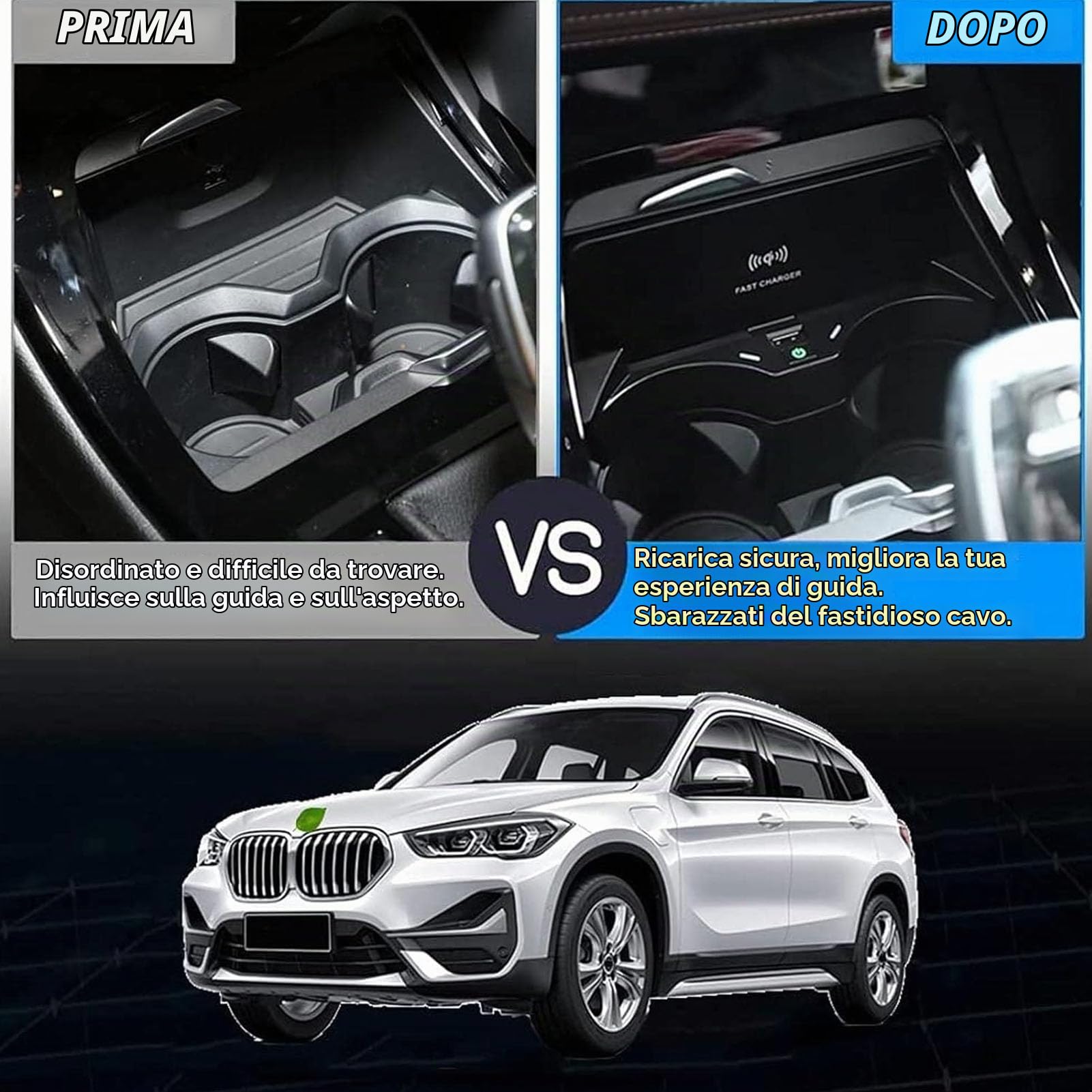 Caricabatteria da Auto Wireless per BMW X1 2020 2021 2022 Pannello Accessori Console Centrale,Caricabatterie per Telefono A Ricarica Rapida Qi da 15 W per Qualsiasi Telefono Abilitato Qi