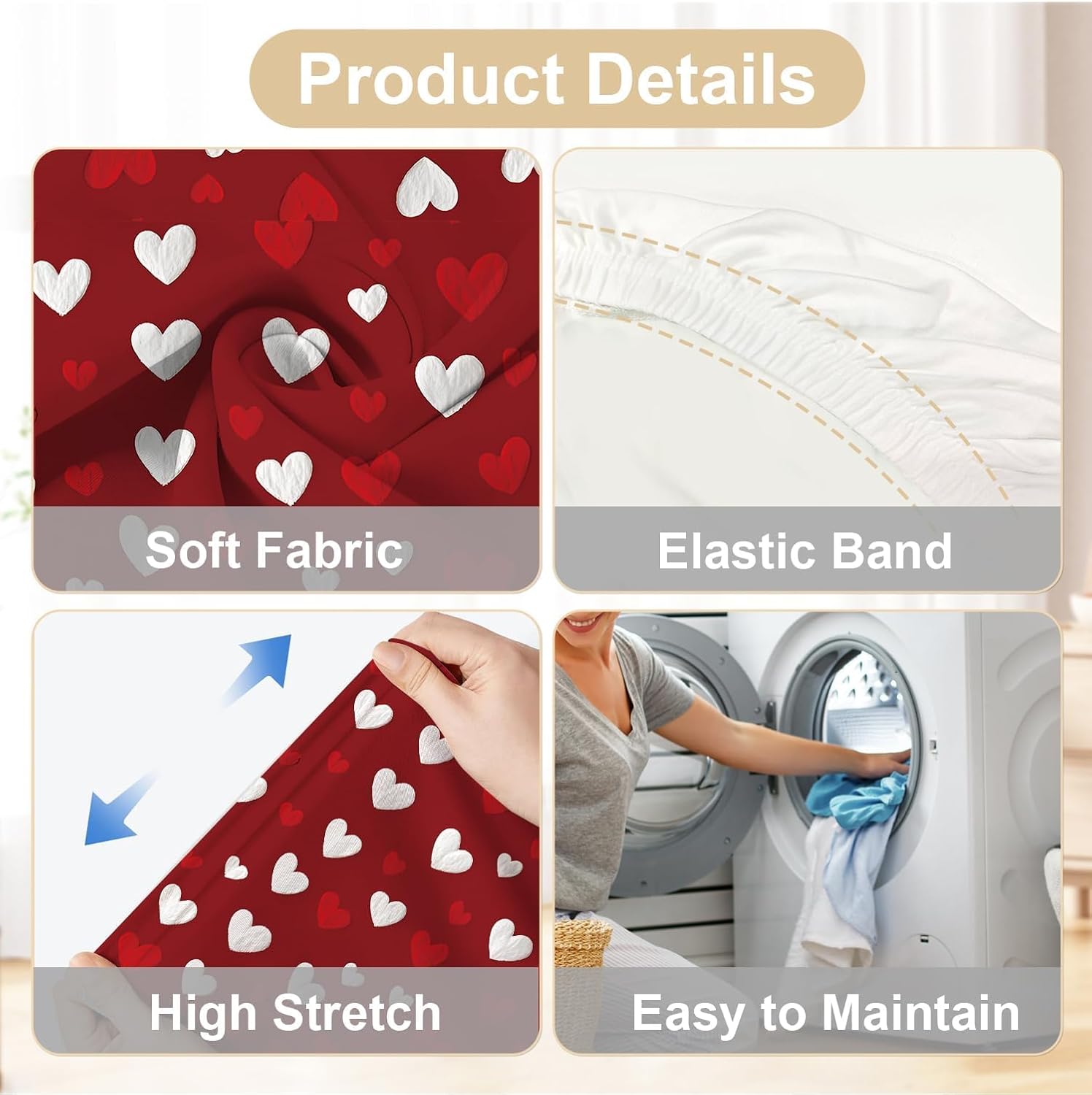 Chair Covers Set of 4, Red & White Heart Design, Stretchable Dining Chair Slipcovers, Washable and Reusable, Perfect for Valentine’s Day, Weddings, and Home Decor