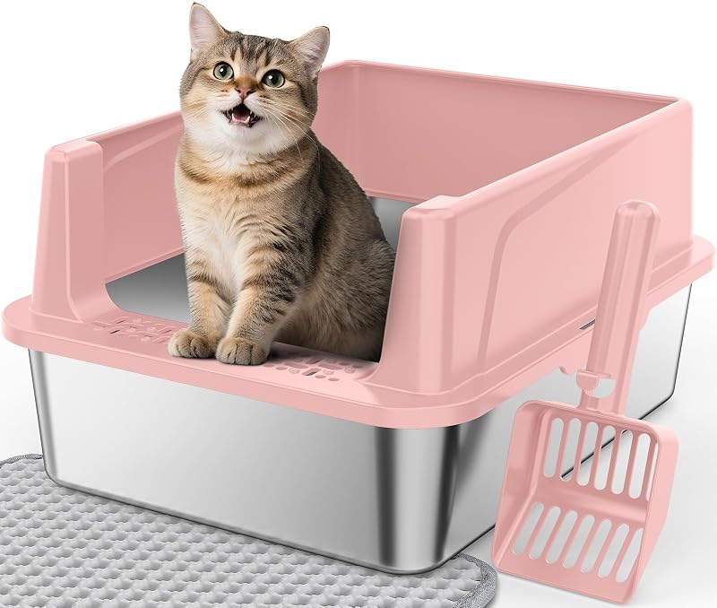 Caixa de Areia para Gatos FURTIME em Aço Inoxidável, Alta, Rosa, 43,18 × 33,02 × 21,34 cm