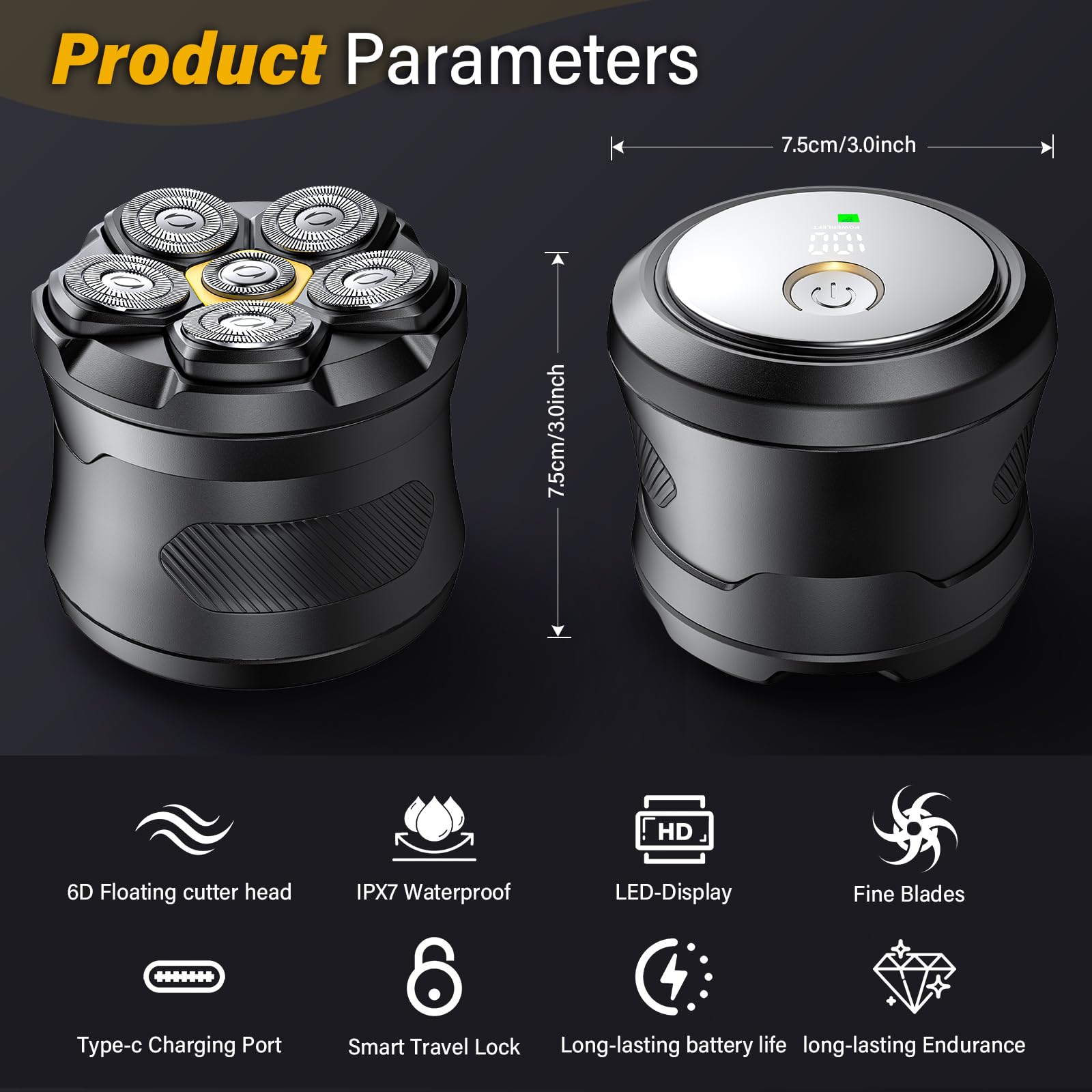 Pneumatici Weather All Rasoio Testa Calva,Rasa Capelli Uomo a Zero 6D Rasoio Elettrico Fluttuante Flessibile Impermeabile IPX7 Rasoio Elettrico Testa Calva Uomo con Display LED,Interfaccia USB-C
