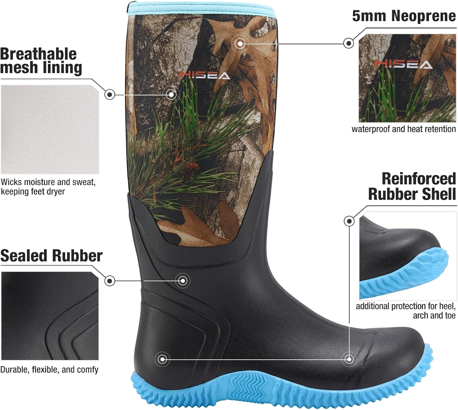 HISEA Women's Rain Boots, Knee High Rubber Boots Waterproof Insulated Neoprene Mud Boots, Anti-Slip Outdoor Work Boots for Hunting Gardening Farming Yard Working, Size 6-11 - Image 4