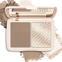 Contour & Highlighter Palette, 2-in-1 Matte Contouring Makeup & Shimmer Face Illuminator, Blendable Cheek Glow Bronzer Sculpting Powder Compact with Mirror, Taupe & Champagne