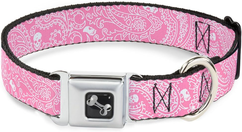 Dog Collar Seatbelt Buckle Bandana Skulls Pink White 9 to 15 Inches 1.0 Inch Wide, DC-W32820-S