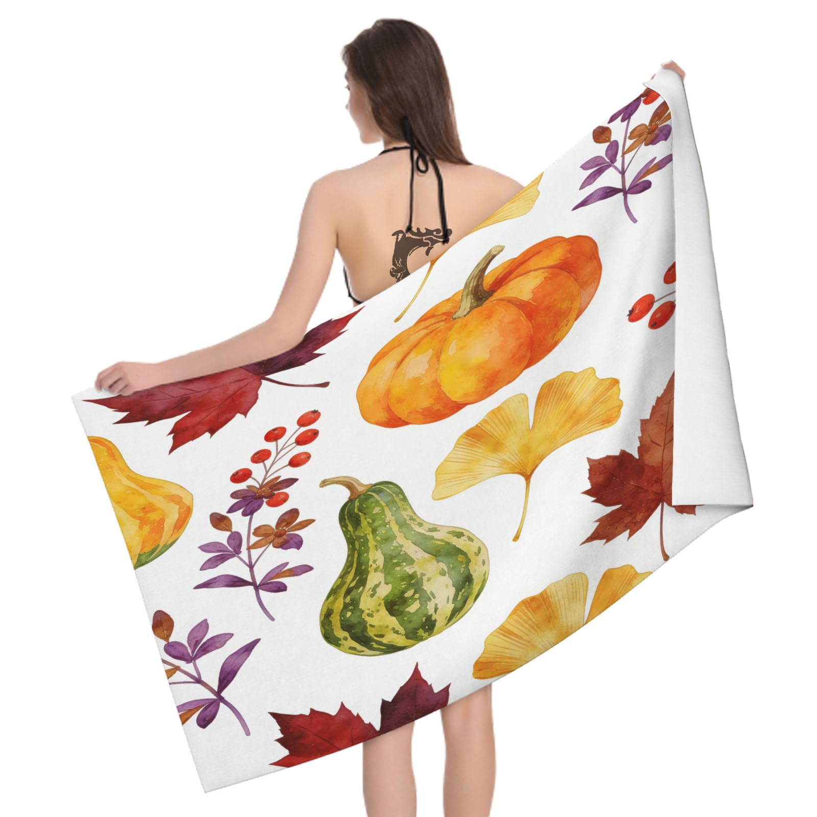 Leichong 3D Pumpkin Beach Towel Microfiber Soft Quick Dry for Adults, Maple Leaf Bath Towel Lightweight Soft Absorbent for Travel Swimming Pool Sports, 75 x 150 cm