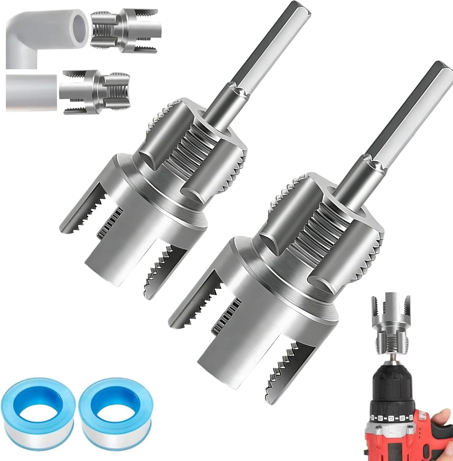 4 in 1 PVC Pipe Threader Kit for 1/2 and 3/4 Inch Pipes, Internal External Threading, Electric Drill Compatible, Home Repair Tool（Mix 1/2+3/4)