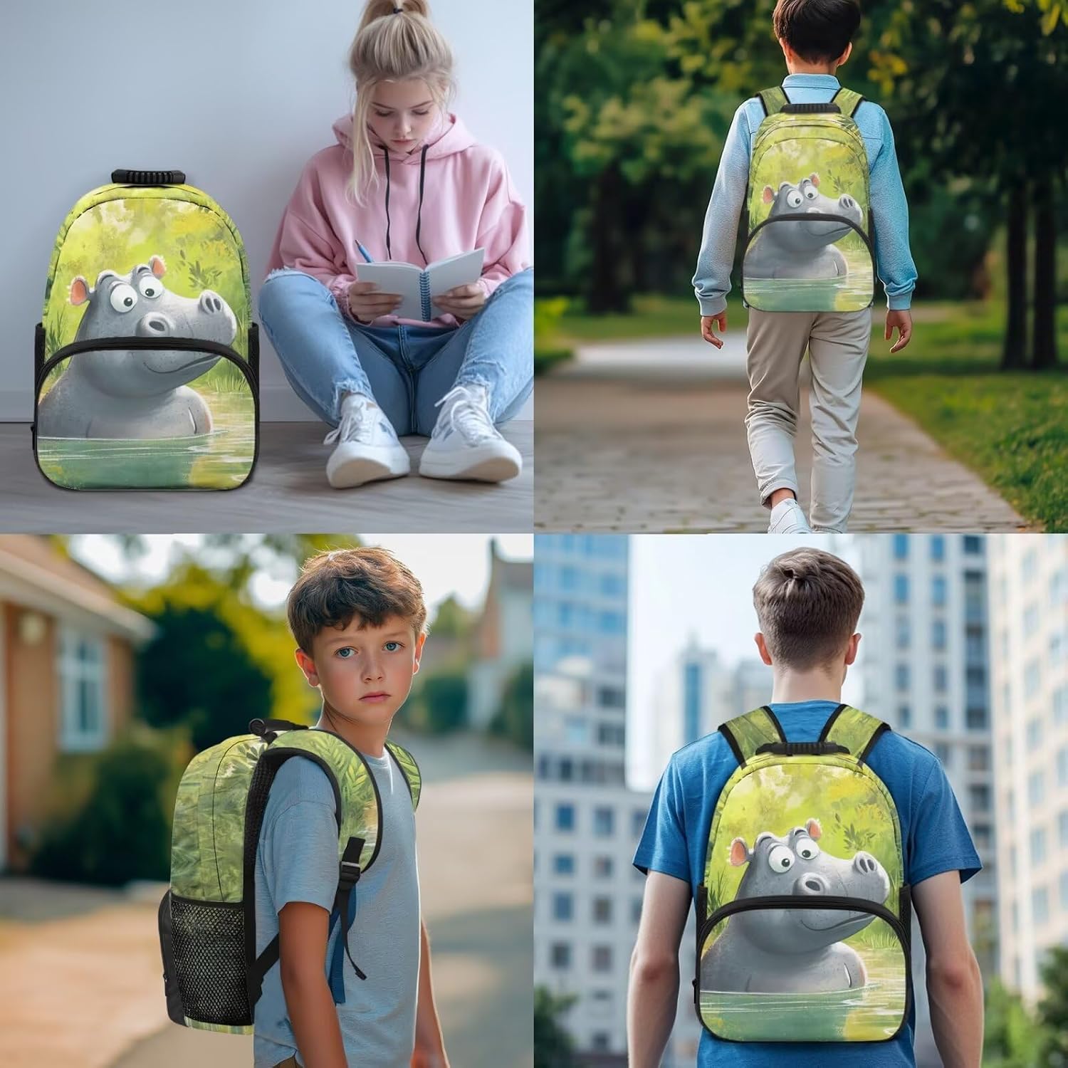 COEQINE Cartoon Hippo Backpack for Little Girls Preschool Bookbag Set for Kids Lightweight Preschool Elementary School Bag with Lunch Box and Pencil Box Large Travel Daypack 4 Pcs