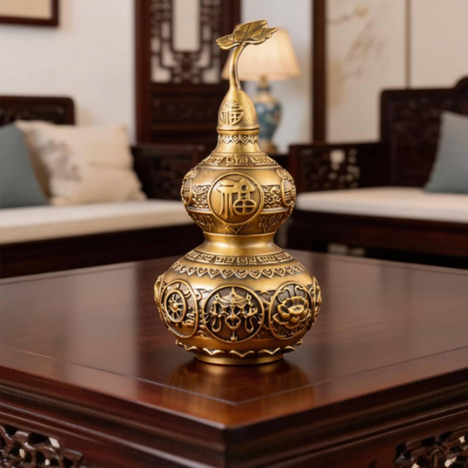 Vaso Decorativo in Ottone Gourd con Coperchio E Finitura Ottone Dorato Scultura con Pannelli Simbolo E Bande Incise Adatto per Mensola Console Studio, 40cm