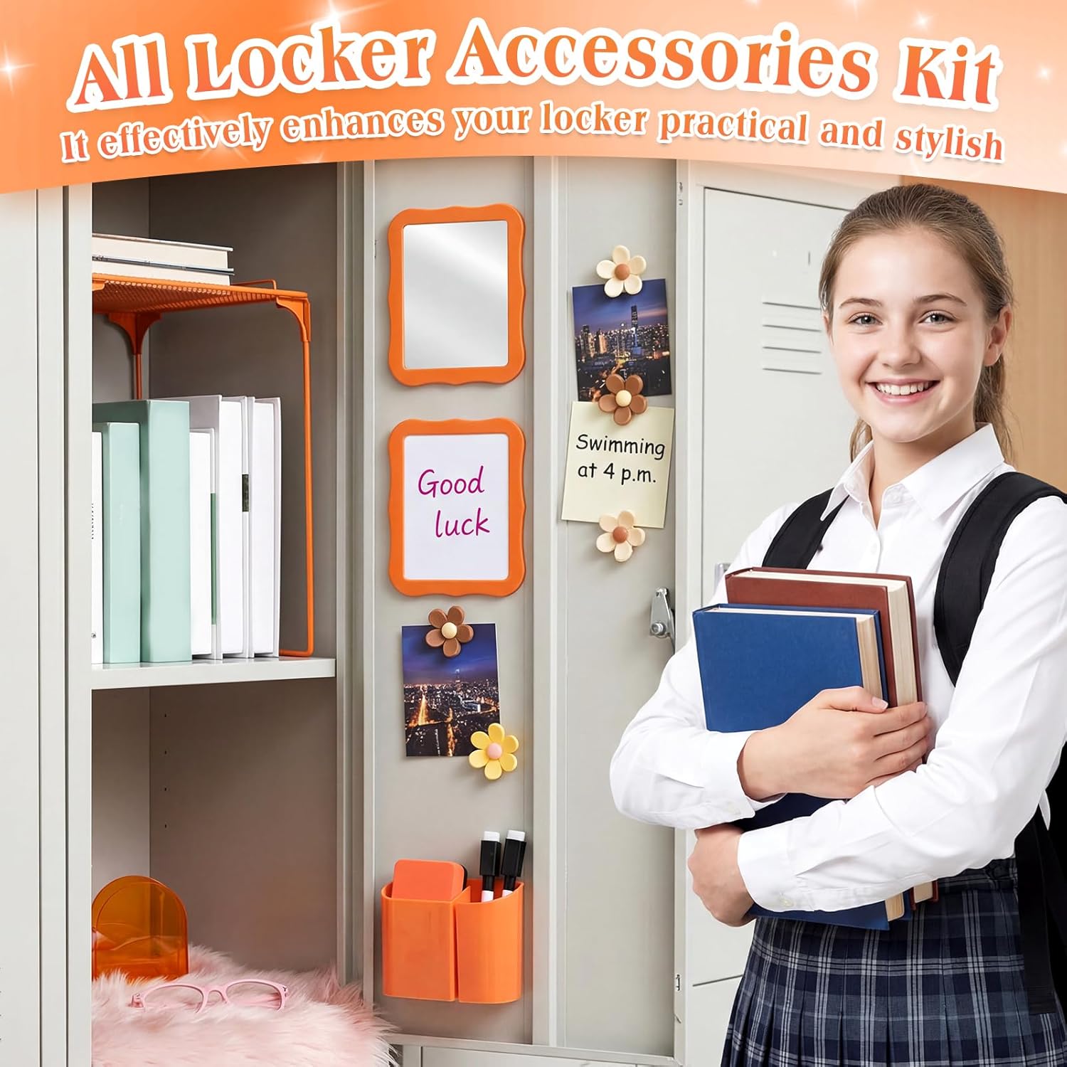 Colarr 16 Pcs Orange Locker Accessories for Girls Includes Magnetic Whiteboard & Mirror Locker Shelf Pen Holder 2 Dry Erase Marker & Eraser 9 Flowers for Back to School Essentials Decoration