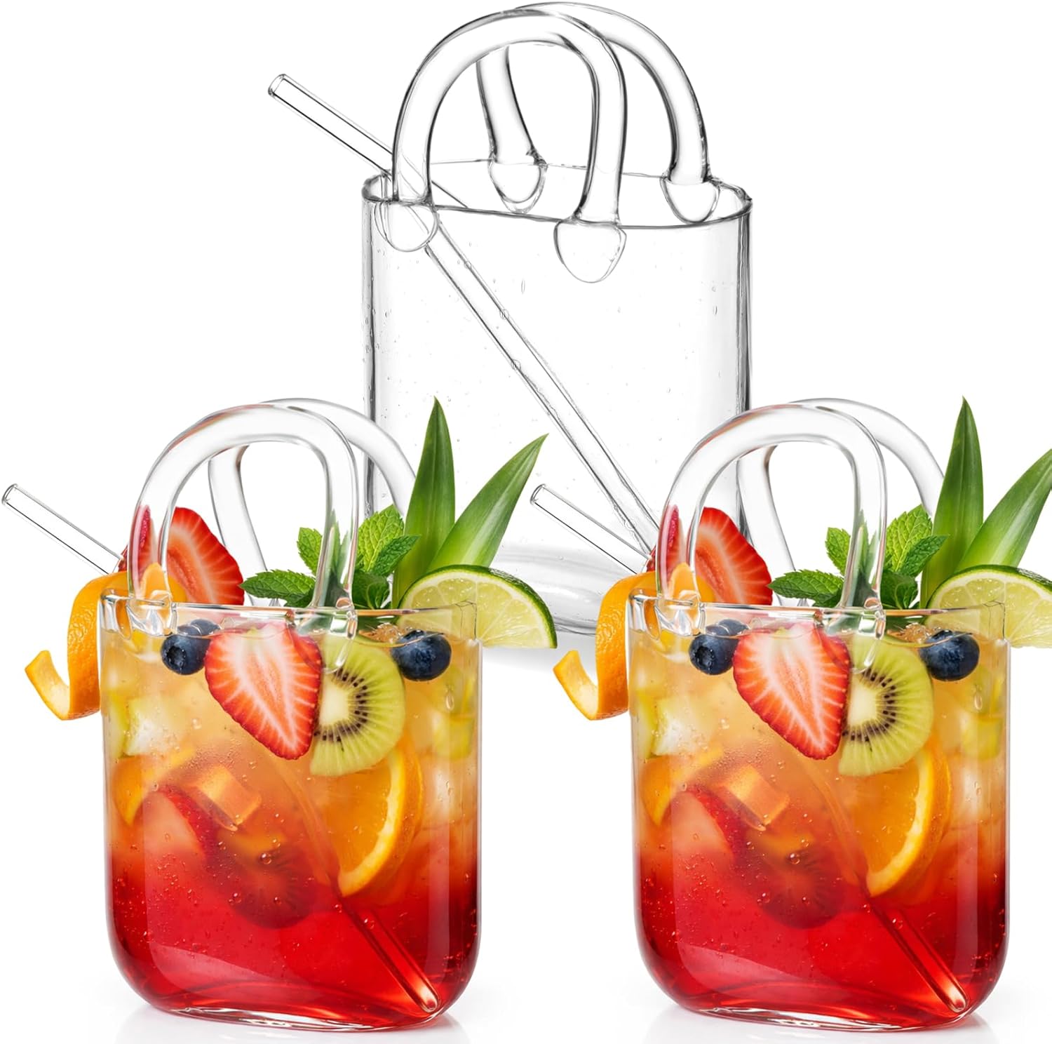 3 Pcs Glass Purse for Drinks Set Wine Cup Purse Bag Shape with Glass Straw for Juice Tea Cocktails Fish Tank Vase a Ladies' Party Gift Creative Drinking Mug (Clear)