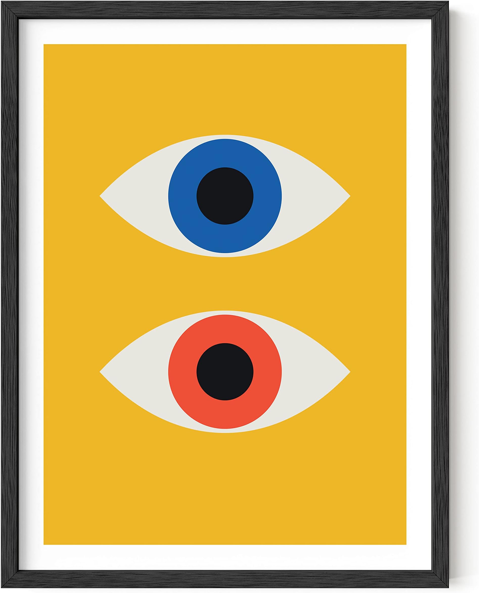 HAUS AND HUES Mid-Century Modern Art Print – Bauhaus Poster, Retro Evil Eye Wall Decor, Geometric Yellow Abstract Art (Black Frame, 12x16)
