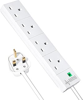 4 Gang Surge Protected Extension Lead 1m Plug Extension Power Strip - 4 Plug Socket Power Extension Cord 1 Meter - 4 Way Mains Electric Power Surge Protection Cable Multi Plug UK