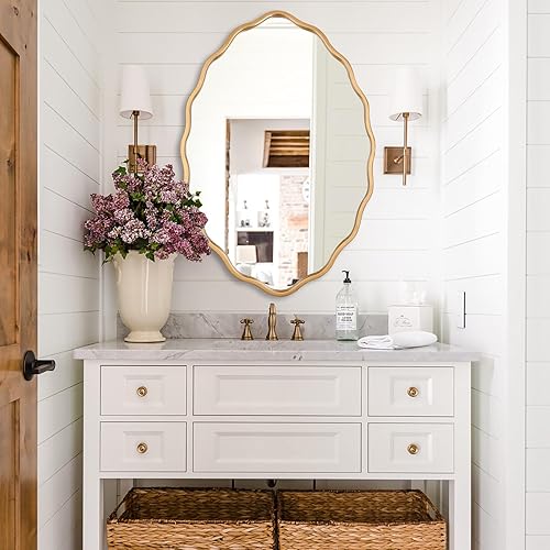 Miniatura 2 de Espejo de baño ondulado ovalado dorado cepillado de 24 x 36 pulgadas, montado en la pared, grande, moderno, campo, adecuado para baño, dormitorio,