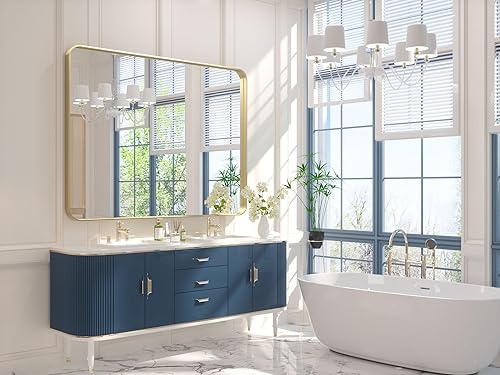 Miniatura 247 de TETOTE Espejo de 60 x 36 pulgadas para baño, espejo de tocador dorado de latón cepillado, espejo de pared grande rectangular con marco de metal Oro