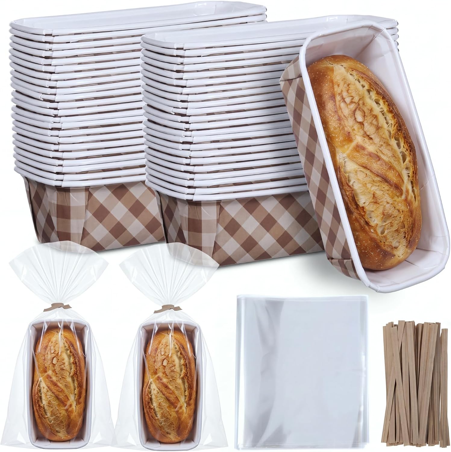 50 Sets Paper Loaf Pans for Baking 6.3 x 2.2 x 2.2 Inch Disposable Paper Baking Pans with Clear Plastic Bags and Kraft Ties Rectangle Cake Mold for Bread Sweets Tea Party (Black Newspaper)