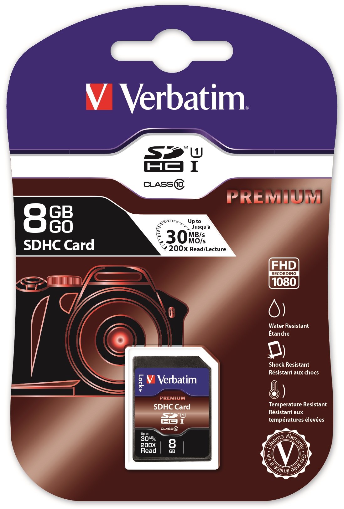 Verbatim Premium U1 SDHC - 8 GB Speicherkarte, Class 10 Karte, Datenübertragsrate von mindestens 80 Mbit/s, schreibschutz, 43961