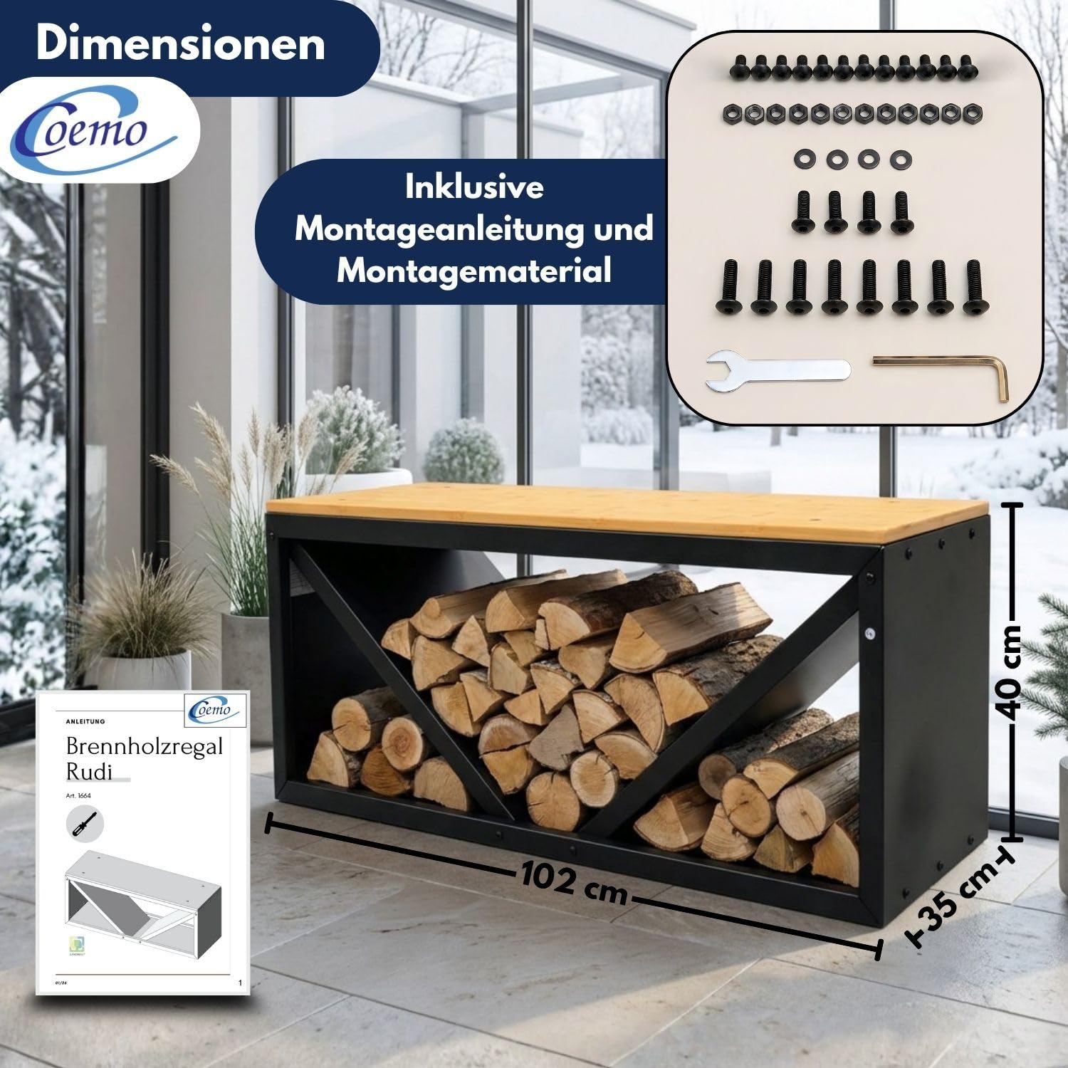Coemo Kaminholzregal mit Sitzfläche Rudi Schwarz - Modernes Brennholzregal aus Metall & Holz, Kaminholzhalter Schwarz, Holzlager Regal Indoor, Sitzbank Kamin, Feuerholz Aufbewahrung, Kaminzubehör