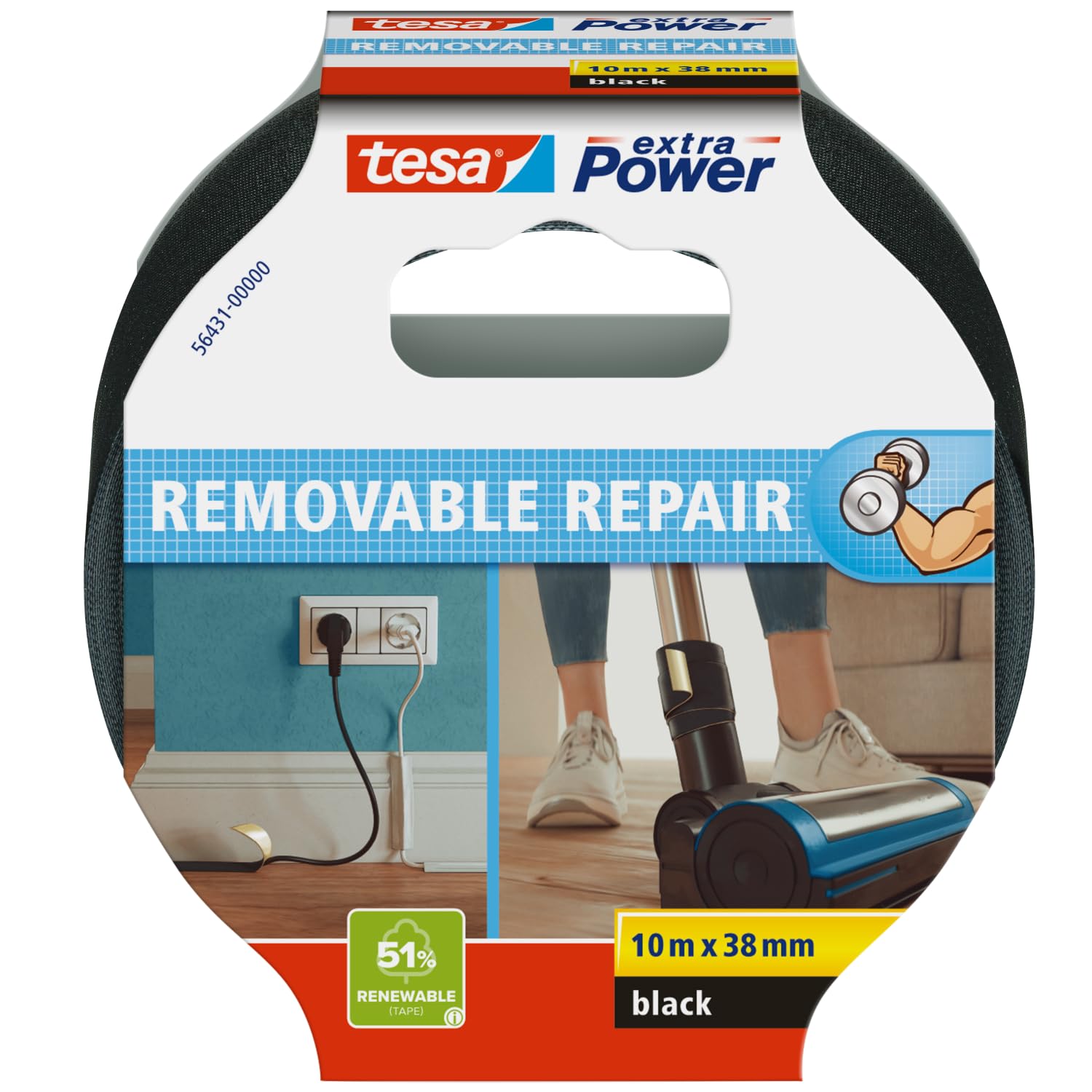 tesa extra Power Removal Repair – tear-resistant cloth tape with strong hold – hand-tearable – residue-free removable repair tape – 10m x 38mm – Black