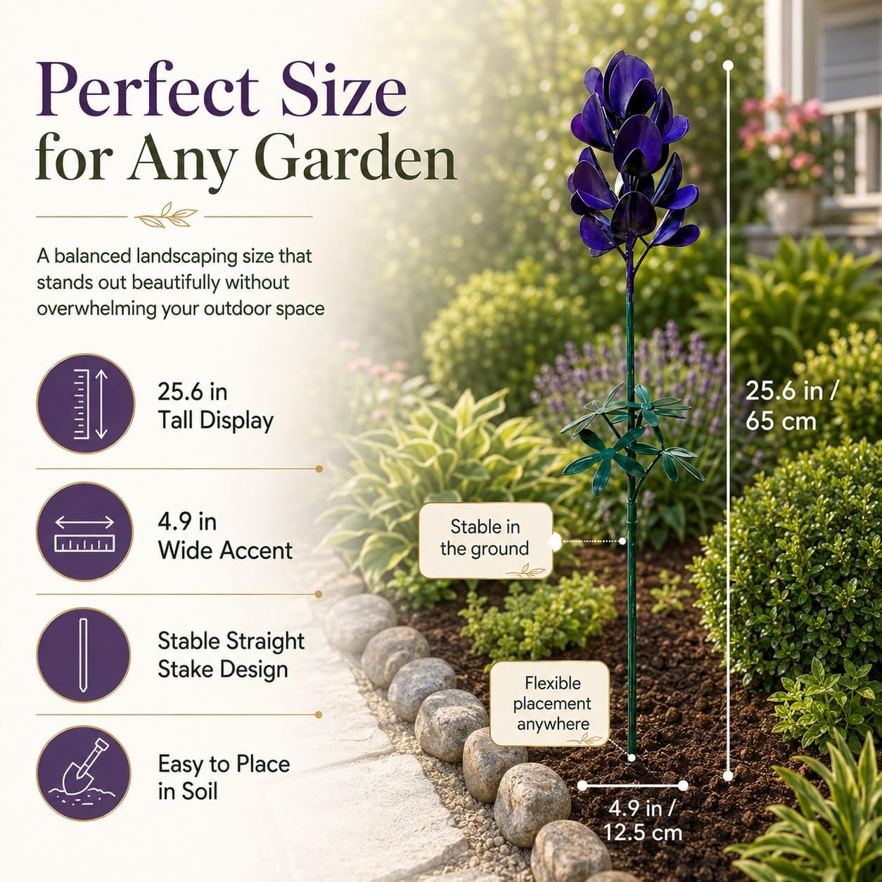 Lupine - Paletto da giardino in metallo, stile rustico, realizzato a mano, 65 cm, decorazione per esterni, ornamento floreale stravagante, scultura in metallo, per prato, patio, cortile, vialetto (2