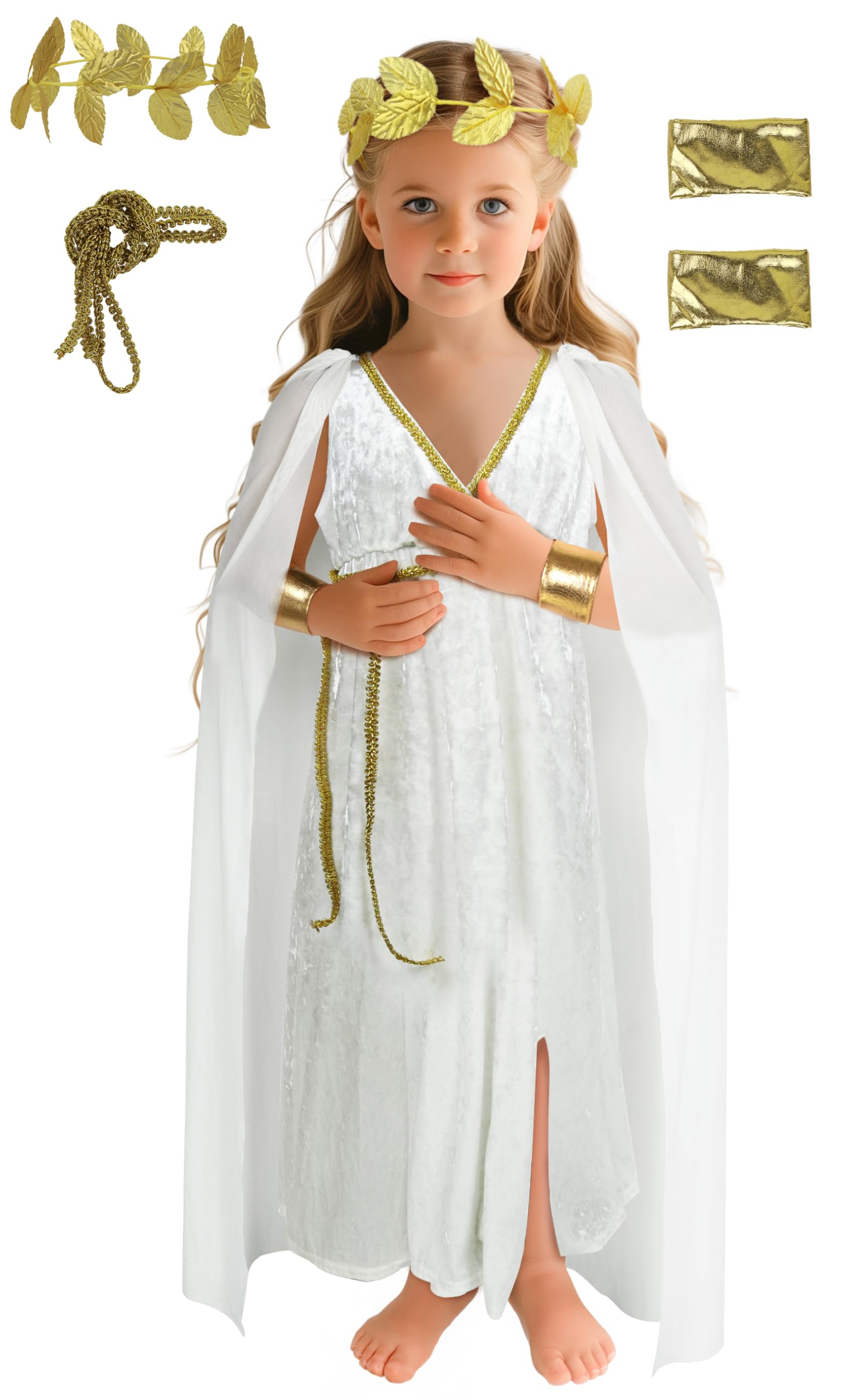 UQJE 6Pcs Kids Greek Toga Costume Set Halloween Cosplay Roman Goddess Grecian Outfit for Children